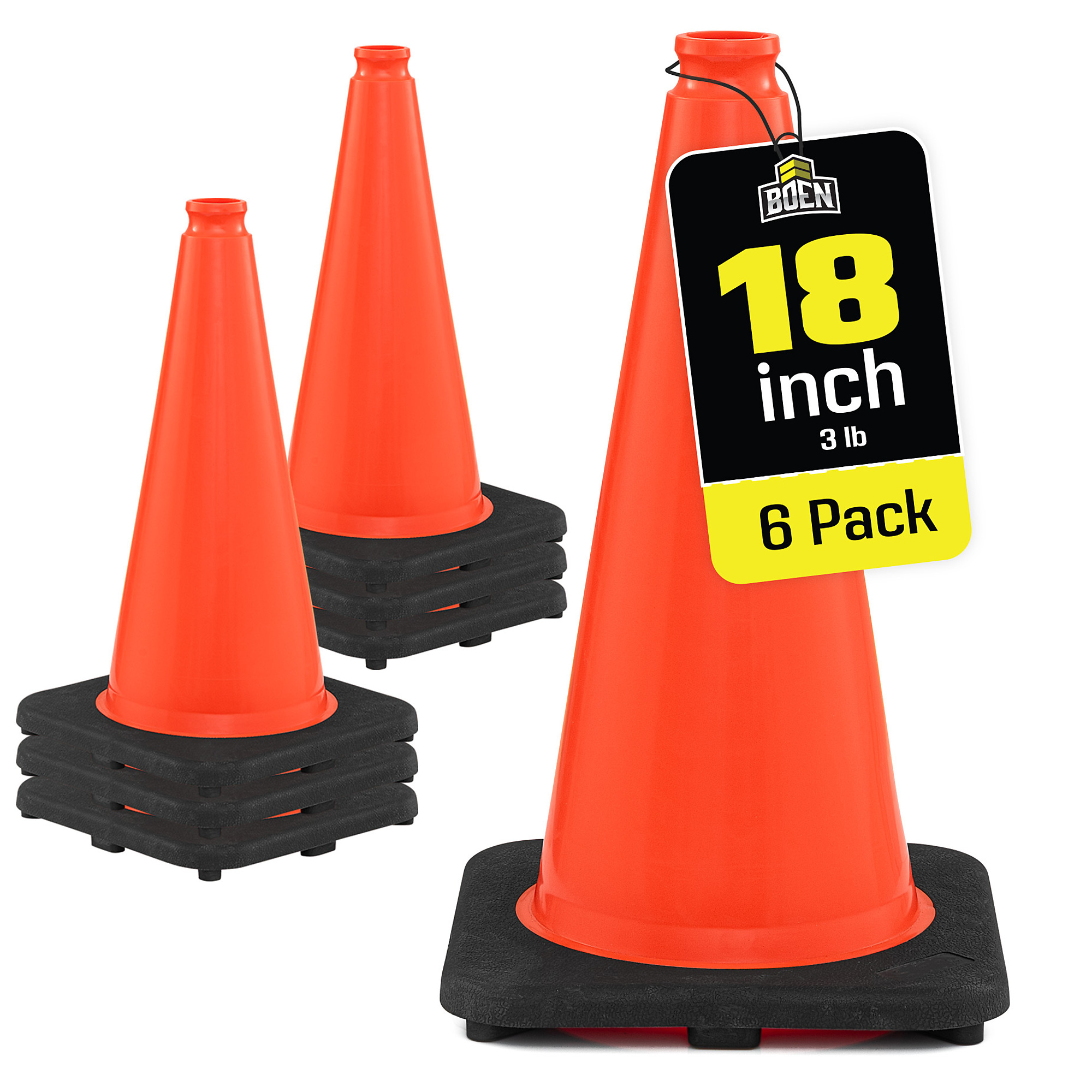 Boen 18 in,Orange Traffic Cone,  6-Pack, High-Visibility Safety Cones with Heavy-Duty Base for Parking, Events & Traffic Control